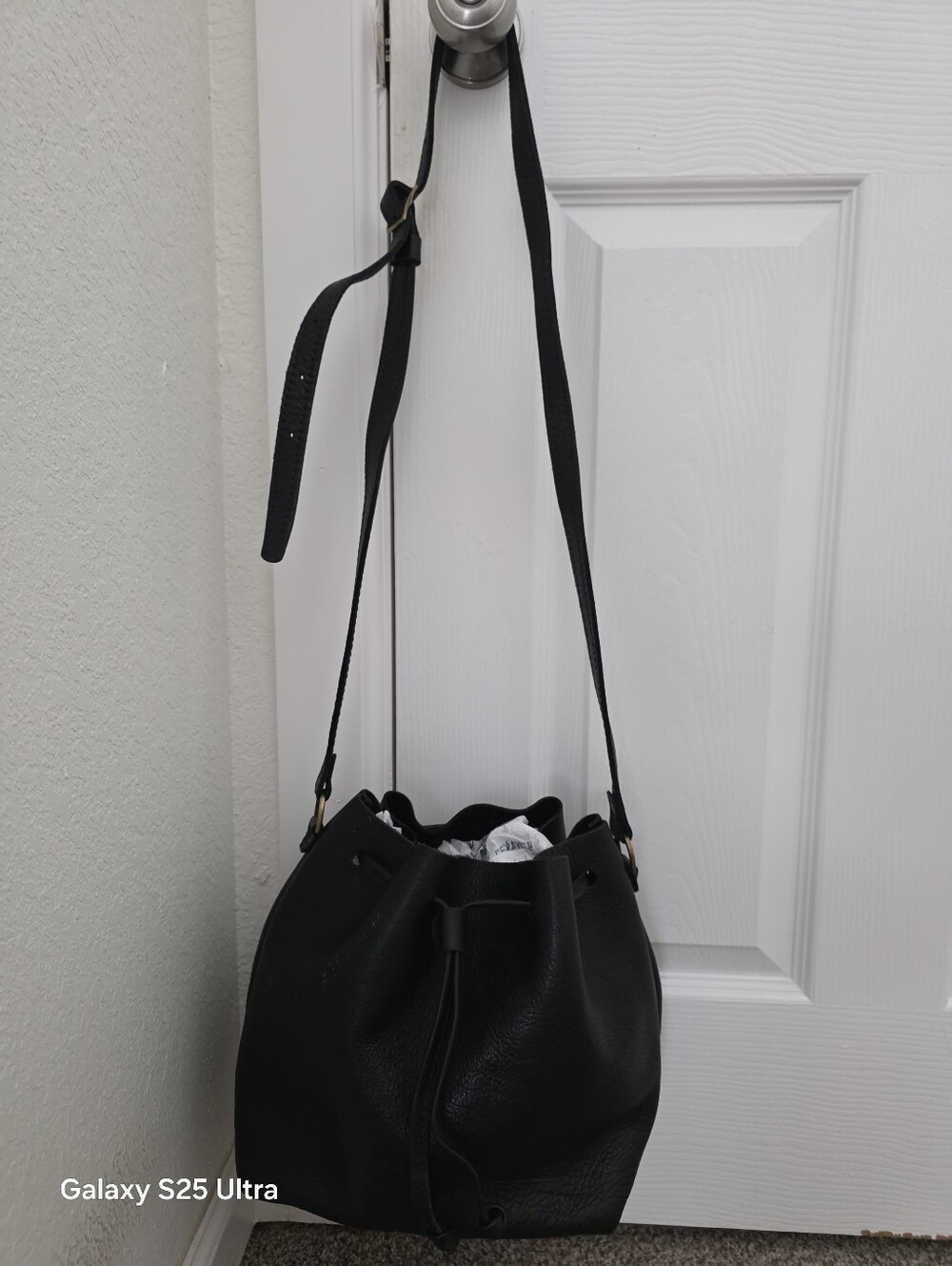 Classic Black Leather Drawstring Bucket Bag - Portland Leather